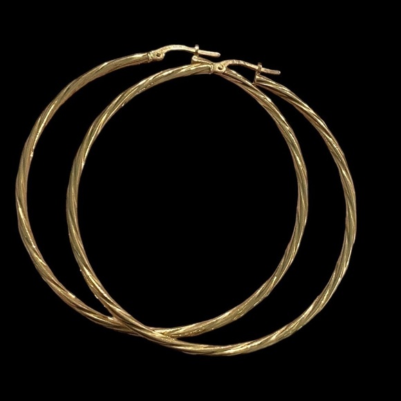 New 18k Yellow Gold Twisted Hoops 2" - Picture 3 of 11